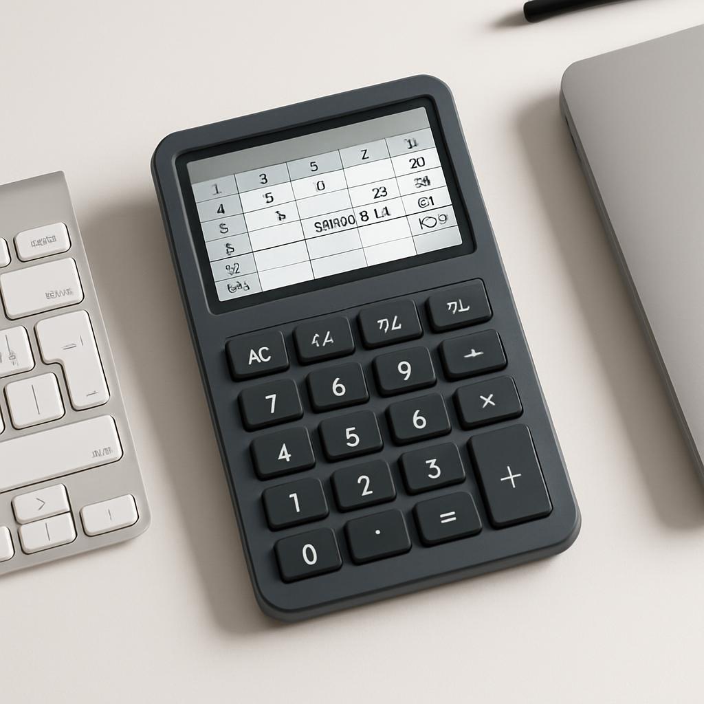 Un calculateur numérique noir propre et bien entretenu se trouve sur une table sur fond blanc avec d'autres ementiers simi...