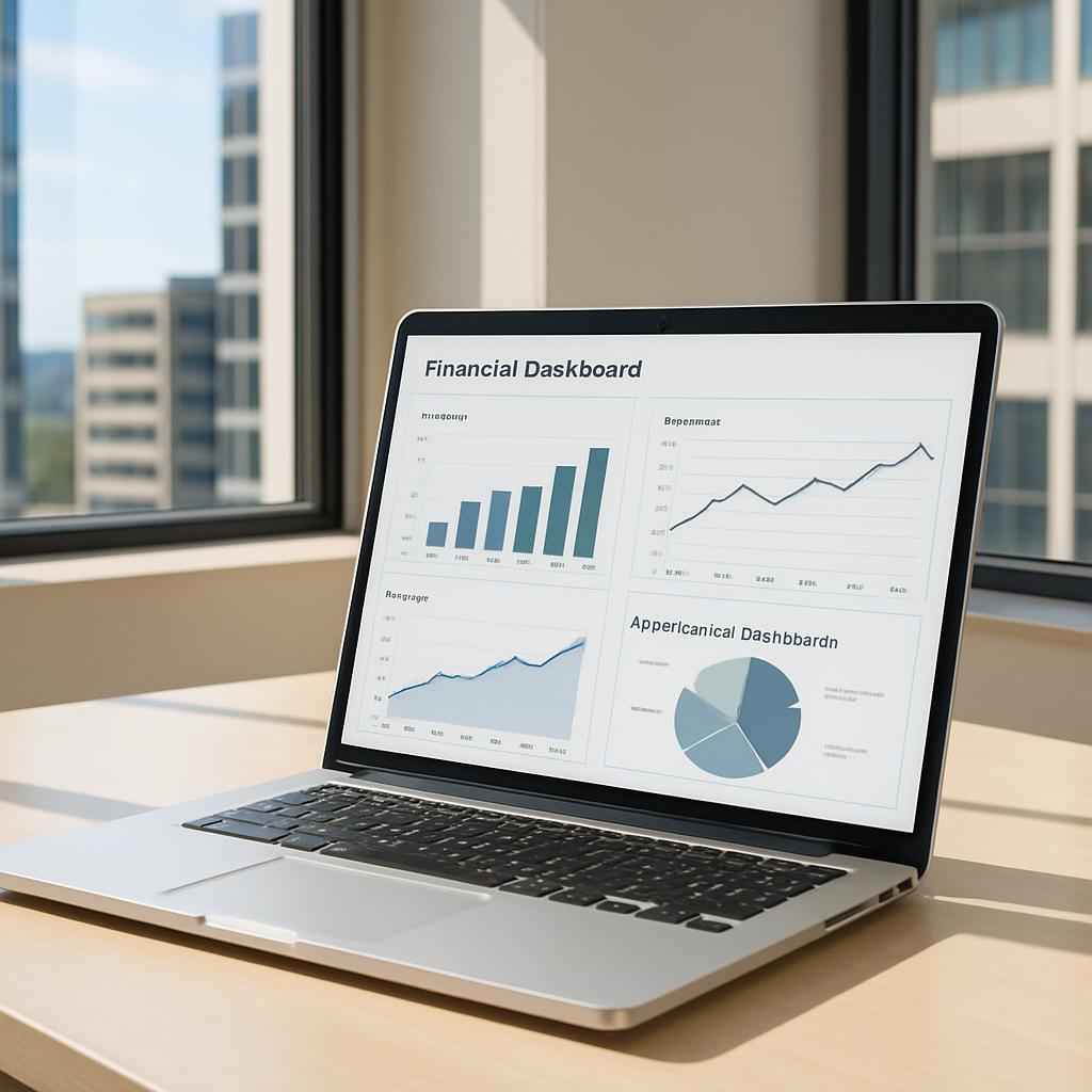 Un ordinateur portable affiche une série de graphiques et tableaux de bord financiers.