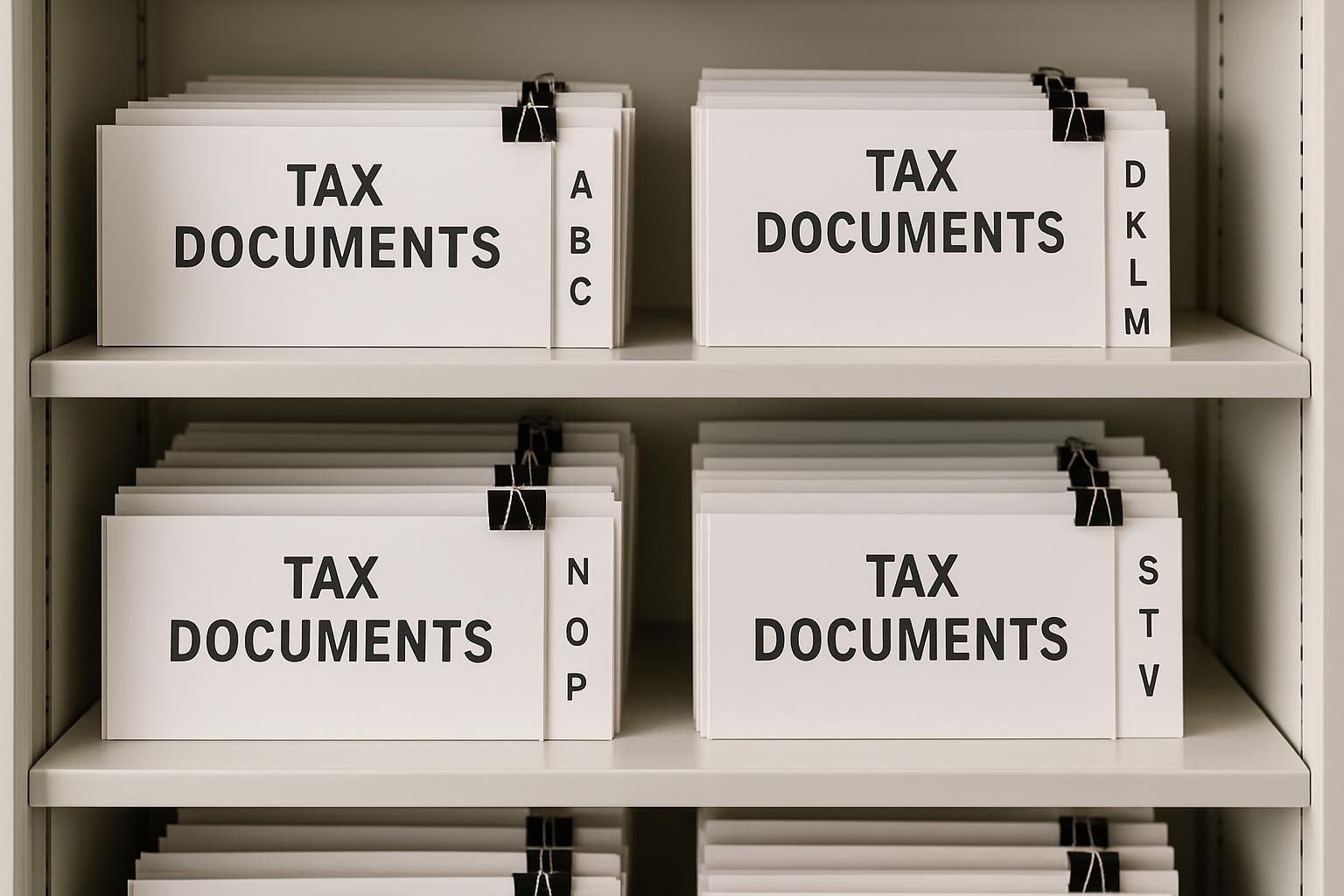 Registres de documents fiscaux rangés sur une étagère.